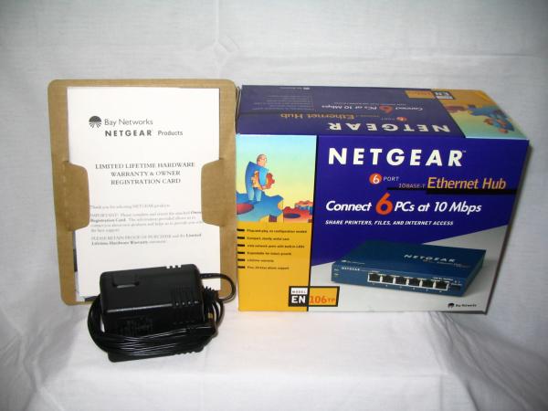 Netgear EN106TP original box, AC adapter and warranty card