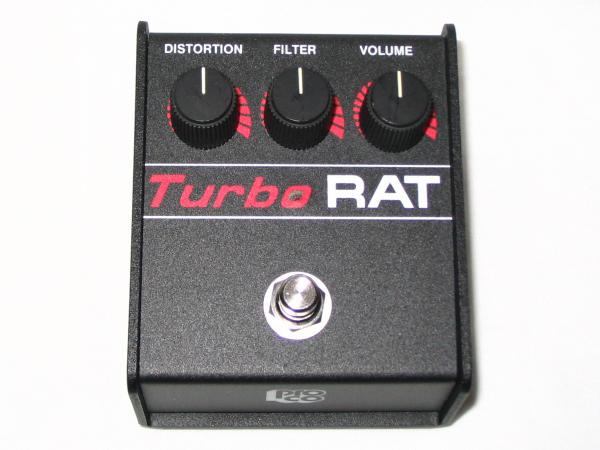 Pro Co Turbo RAT distortion pedal, top view with Distortion, Filter and Volume knobs