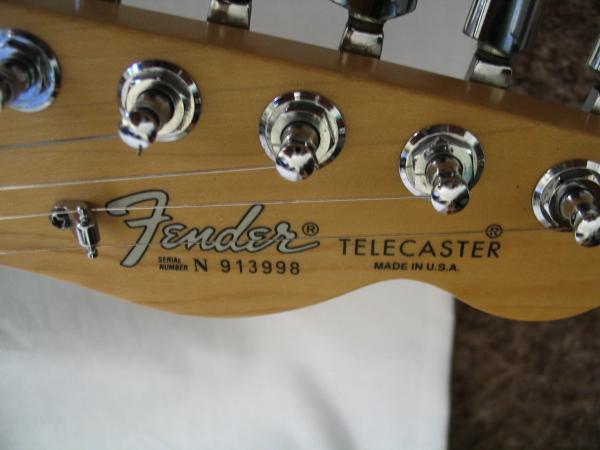 1990 Fender American Telecaster headstock decal showing the N9-prefix serial number and Made in U.S.A.
